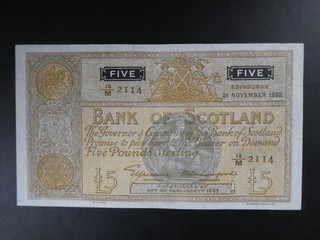 LARGER SIZE 1952 BANK OF SCOTLAND £5 BANKNOTE ORIGINAL aVF