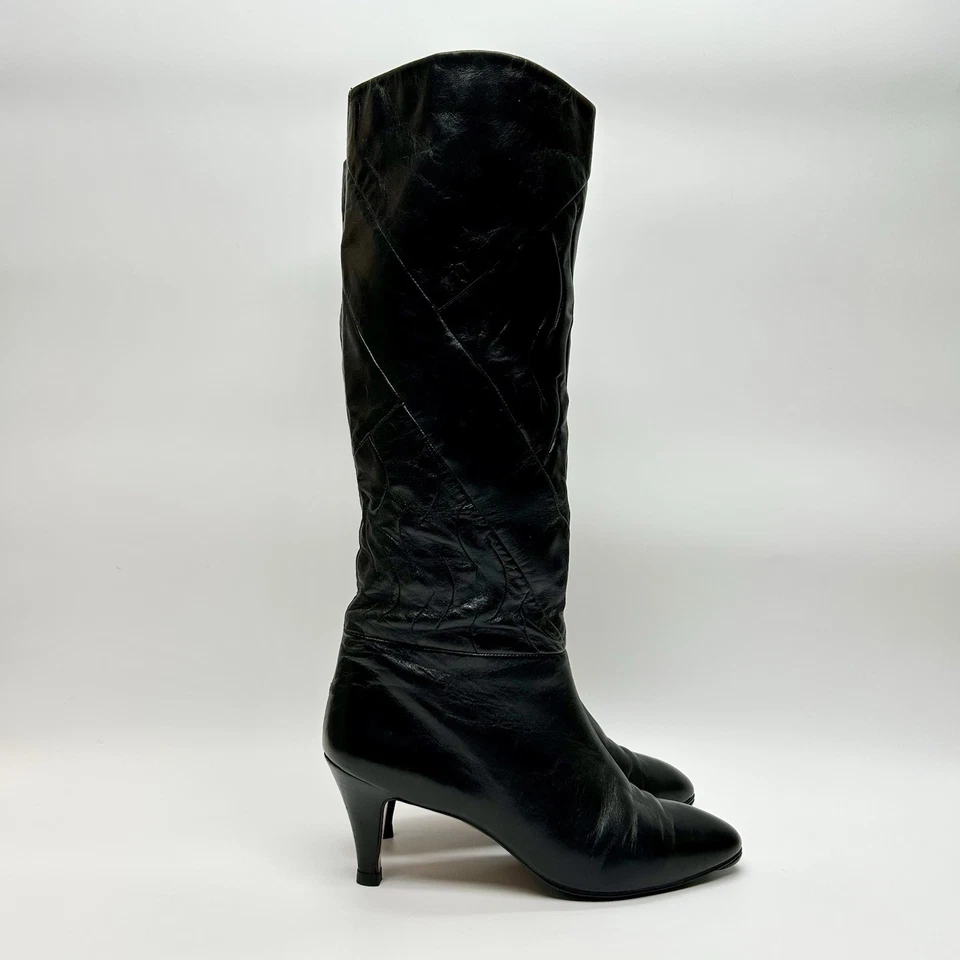 VTG 80s Vaneli Black Knee High Boots Western Slouch Pointy Toe Stiletto Sz 7.5 - Image 3 of 4