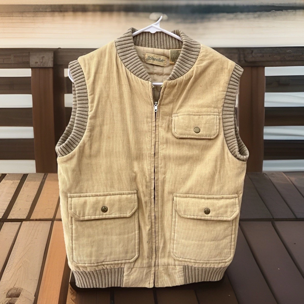 Vintage 80s St John’s Bay Corduroy Zip Up Vest In Beige Men’s Sz Small W/Pockets