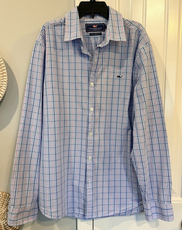 Vineyard Vines Shirt Mens Large Purple Blue Plaid Slim Fit Button Down Whale