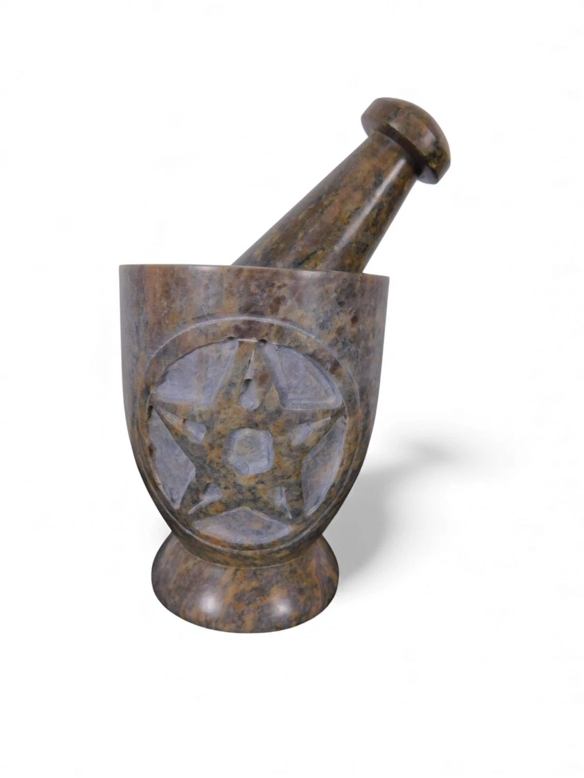 Pentacle Carved Soapstone Mortar & Pestle 4"H × 3"D - Ritual Grinder - New