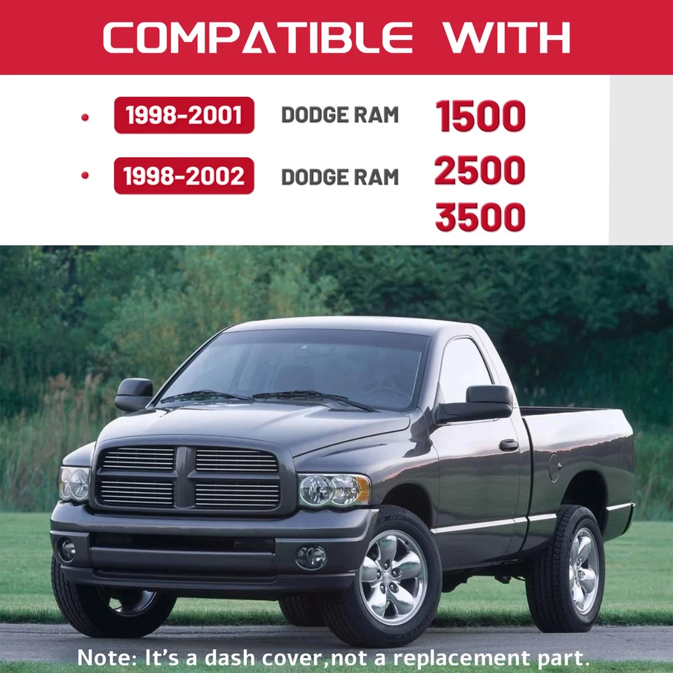 Dash Cover For 98-02 Dodge Ram 1500 2500 3500 Dashboard Overlay Cap Dark Grey - Image 4 of 4