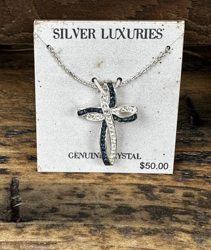 全新 Kohls Silver Luxuries 正品水晶和蓝色十字架 18 英寸项链 — 第 2/4 张图片