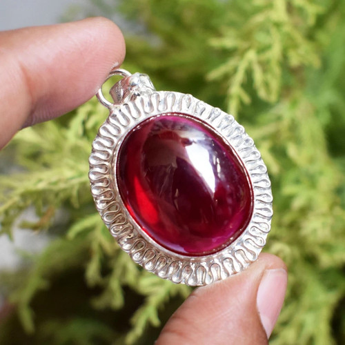 74 CT+ Natural Red Ruby Pendant 925 Sterling Silver Plated Handmade Jewelry - Afbeelding 5 van 8