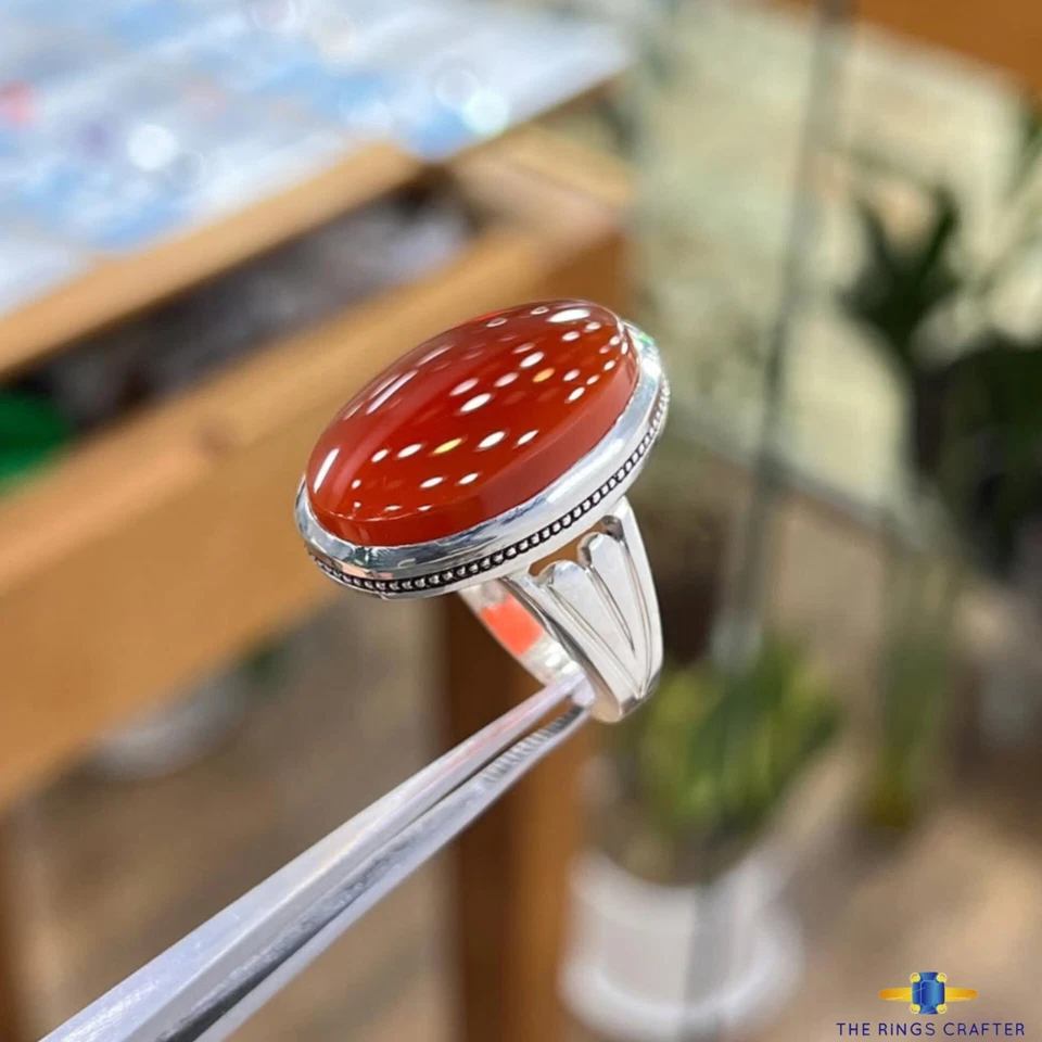 Handmade Red Yemeni Agate 925 Sterling Silver Vintage Aqeeq Ring For Men Size 9 - Image 2 of 3