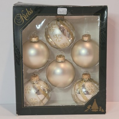 6 Krebs Glass Ornaments: 3 Bright Silver Gold Swirls Snowflakes & 3 Matte Gold