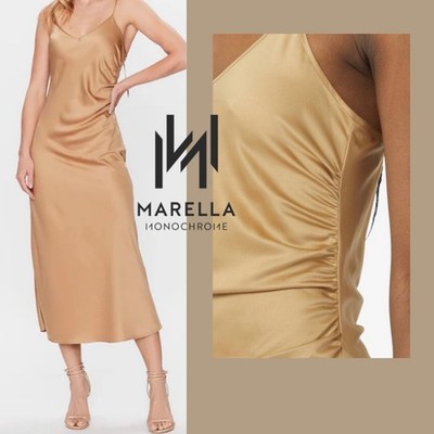 Marella Monochrome Gold Satin Slip Dress Midi IT40 S Champagne Minimal 90s Italy