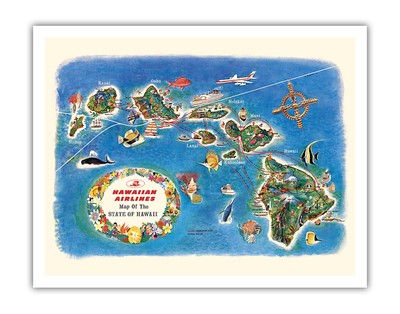 Map of Hawaii - Hawaiian Airlines Route Map - Vintage Pictorial Map 1963