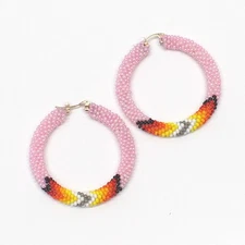 Handmade Pink Multicolor Native-Style Hoop Earrings 2”