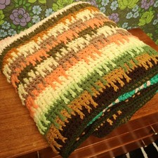 Retro green Orange Chunky Knitted Stripy Blanket Bedspread Throw