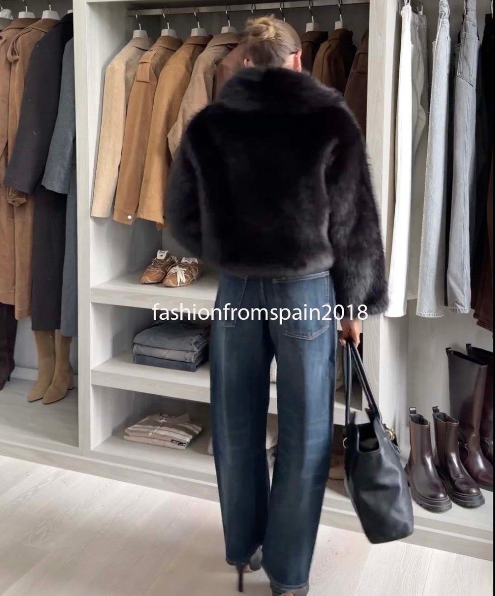 ZARA NEW WOMAN SHORT FAUX FUR LAPEL COLLAR COAT JACKET BLACK XS