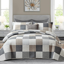 Reversible 100 Cotton Queen Quilt Set - Plaid Farmhouse Bedding, 3 Pieces