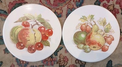 2 70s VNTG Mid-State Ceramic Tile Trivets Fruit Mixed Fruit 6'' Round 