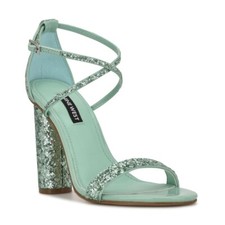 NINE WEST Celebra Medium Green Aqua Glitter Chunky Dress Heels Sandals