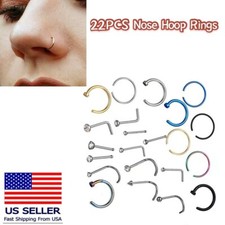 22PCS Nose Hoop Rings CZ L-shaped Nose Stud Stainless Steel Piercing Jewelry Set