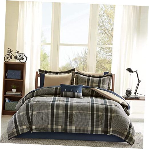 Robbie Cozy Comforter Set Bed in A Bag, Full Navy/Tan Comforter W/ Sheet Set