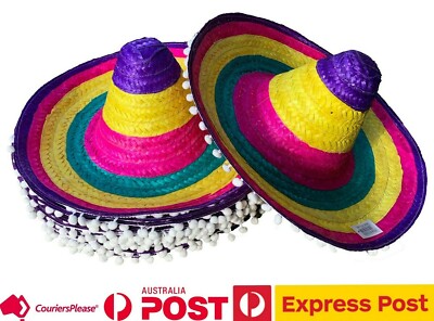 Large Mexican Straw Hat with White Pom Poms 55 cm Wide Brim Sombrero Hat 