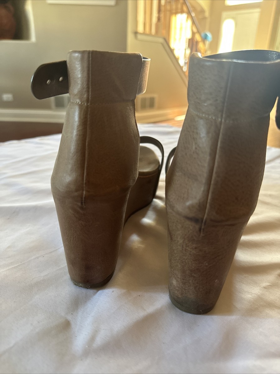 Brunello Cucinelli Tan Leather Ankle Strap Platform Wedge