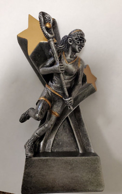 Female Lacrosse trophy award, pewter color with gold, & your engraving, 6'' High