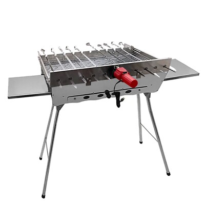 Mangal Khan Edelstahl Schaschlik Grill mit 11er Drehspieß USB-Motor 11 Spieße