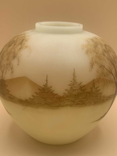Fenton Satin Custard Hand Painted Log Cabin Series Burmese Ginger Jar Signed by - Picture 6 of 11