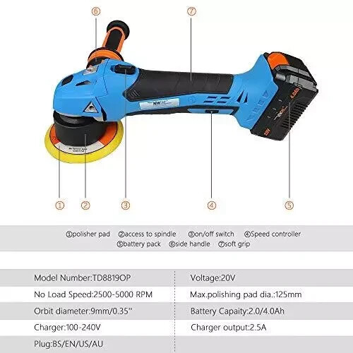 20v Cordless Round Orbital Polisher Dual Action Buffer Polisher 5inch6 Variable - Picture 3 of 7