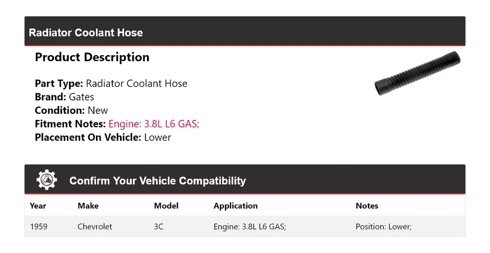 For 1959 Chevrolet 3C 3.8L L6 GAS Radiator Coolant Hose Lower Gates - Image 2 of 4