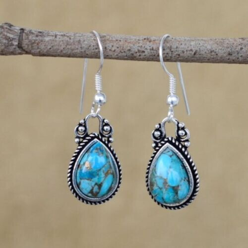 Bonito Arete Hecho A Mano De Plata De Ley 925 Con Turquesa Y Cobre Azul S-43 - Imagen 3 de 5