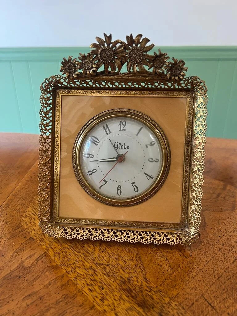 Vintage Electric Table Clock Gold Metal Sunflower Frame Globe Brand Ornate Frame