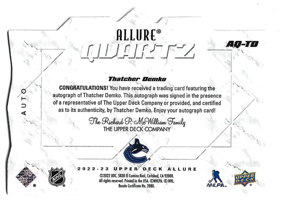 Thatcher Demko 2022-23 Upper Deck Allure Quartz Autographs #AQ-TD - Image 2 of 2