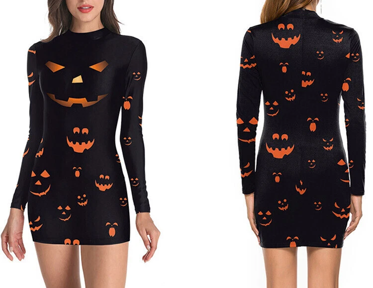 OFF WHITE Vestito Bodycon Scheletro Donna Gotico Mini Halloween Maniche Lunghe Vestiti Festa Q