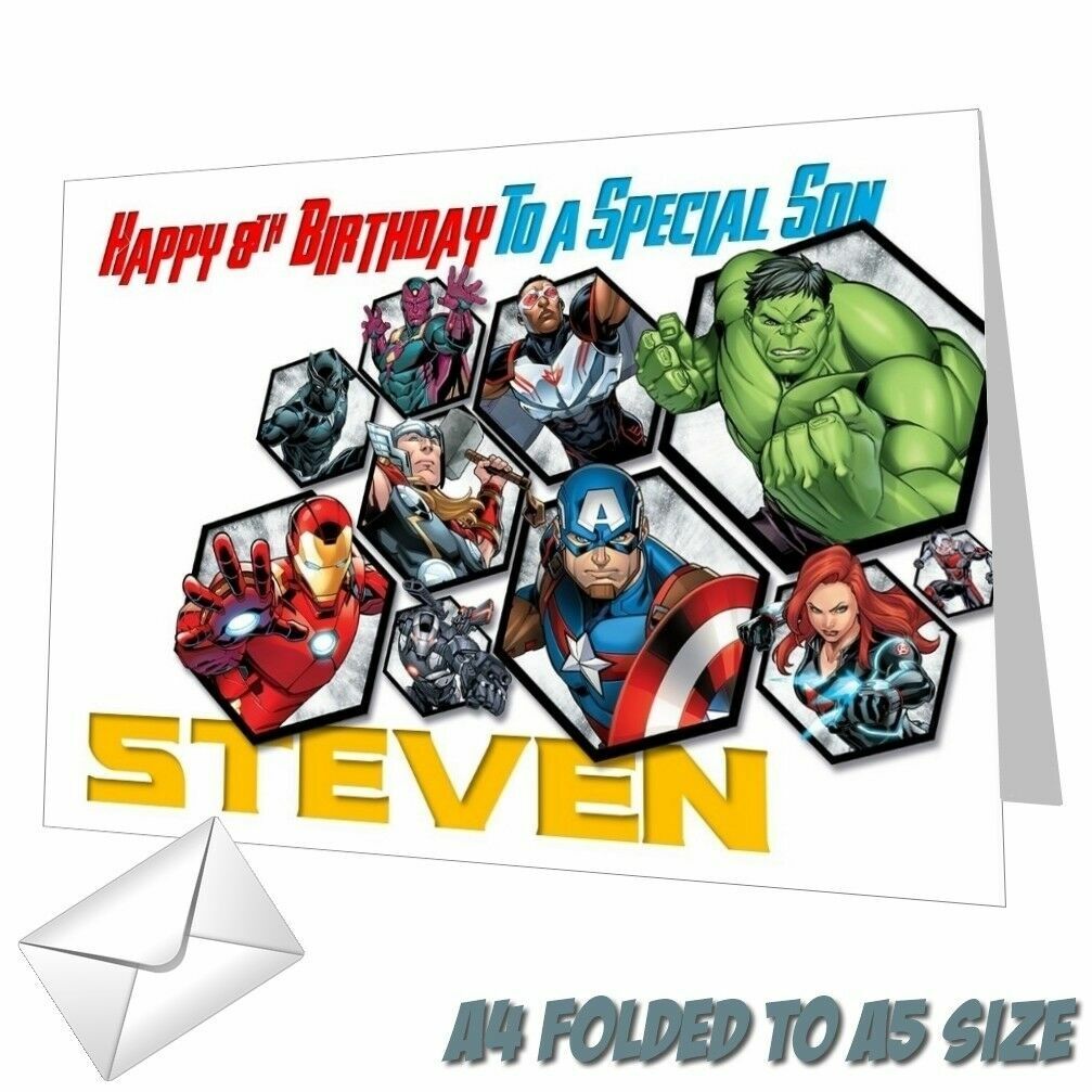 Personalised Avengers Birthday Card Hulk Thor Ironman Any NAME Throughout Avengers Birthday Card Template