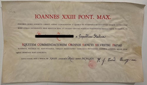 COMMENDATORE DI SAN SILVESTRO PAPA 1963 DIPLOMA PERGAMENA PAPA GIOVANNI XXIII° - Picture 4 of 6