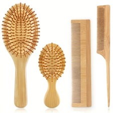 4pc Bamboo Hair Brush Set with Natural Wooden Wide-tooth And Tail Comb Big...