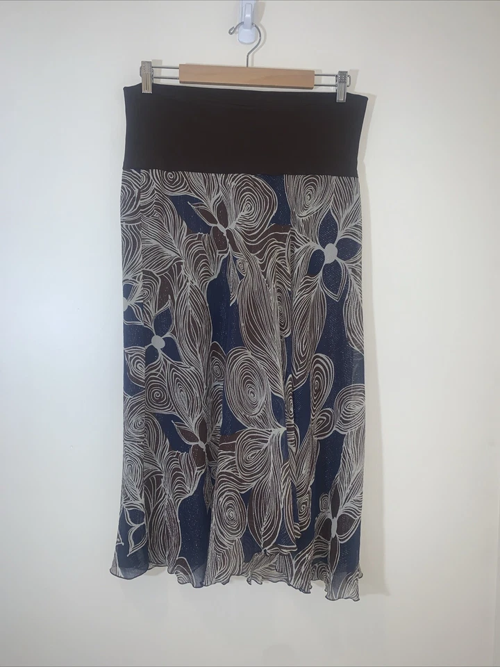 Falda midi Trina Turk para mujer 10 hilos metálicos marrón azul gasa boho elástica Foto 4 de 4