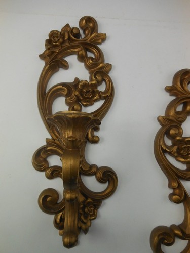 1971 Homco Wall Sconces Ornate Gold Resin Candle Holders - Picture 8 of 10