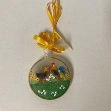 Hand Painted Glass Ornament All Year Round Chicken Rooster Flowers Frosted Glass