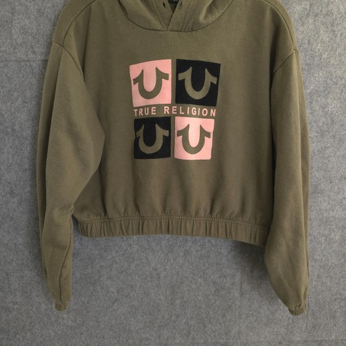 True Religion Women’s Large Brown Cropped Cinched Hoodie Sweatshirt Front Logo - Picture 2 of 16