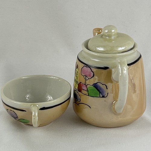 MINIATURE TEAPOT AND CUP Beige Windmill Scene Porcelain Japan Mini - Picture 2 of 6
