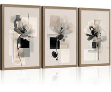 3Pcs Framed Black and White Flower Abstract Wall Art Modern Neutral Canvas Pr...