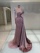 Evening Wedding Dresses Arabia Beaded Crystal Mermaid Prom Gowns Long Sleeves
