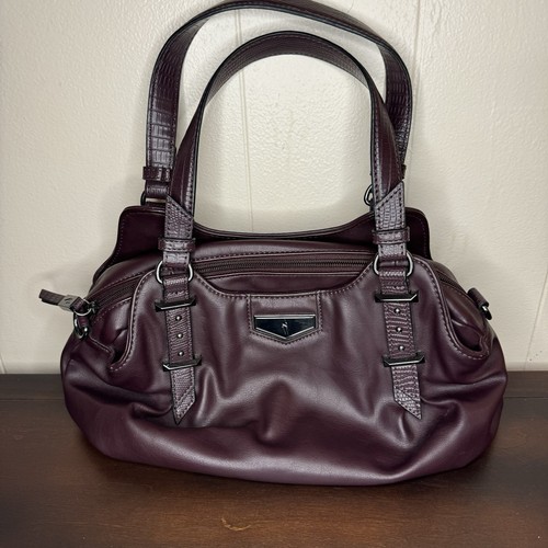 Simply Vera Wang Dark Burgundy Buena Satchel Handbag Purse Metal Hardware PU EUC - Picture 1 of 9