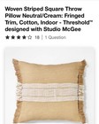 Woven Striped Square Throw Pillow Neutral/Cream: Fringed Trim, Cotton New 20x20