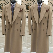 Vintage Wool Men's Long Overcoat Double Breasted Wide Peak Lapel Outdoor Coat