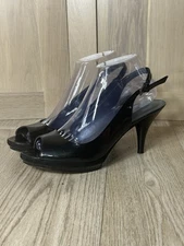 Nine West Sling Back 3.5 In Heels Black Faux Patent Leather Size 8 *see Photos*