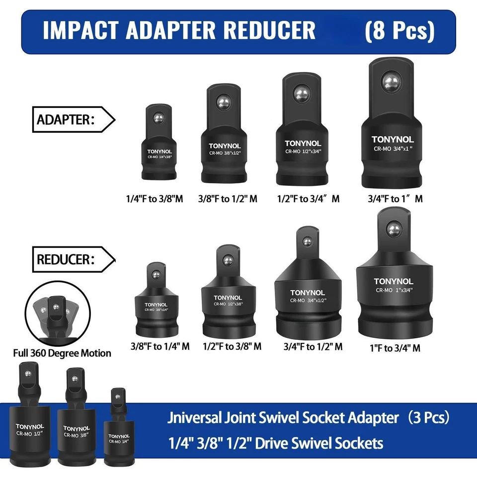 11pcs Impact Adapter and Reducer Set and Universal Joint Swivel Socket Adapte... - Image 3 of 4