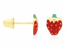 Solid 14k Yellow Gold Red Enamel Strawberry Screw Back Stud Kid Earrings