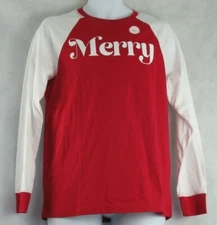 Family Pajamas Men's Long Raglan Sleeve Knit Top, Red Merry Christmas, Small S