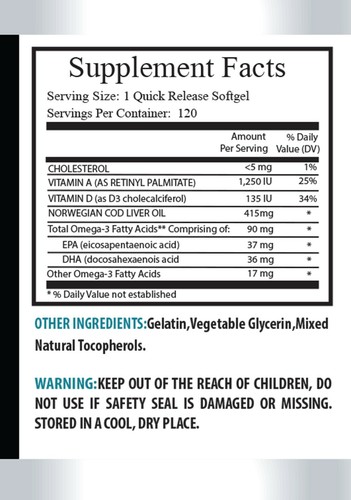 vitamin 120 - NORWEGIAN COD LIVER OIL - helps eye sight 240 Softgels 2 Bottles - Picture 2 of 12