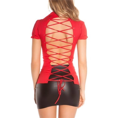 Damen Kurzarm Bluse mit Schnürung am Rücken Rot #BL477 - Picture 3 of 35